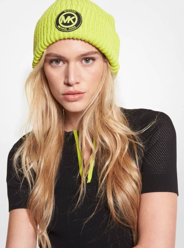 Damske Klobuky Michael Kors Logo Ribbed Cotton Beanie Svetlo Zelene - Doplnky Michael Kors Sleva | DFGER-1832